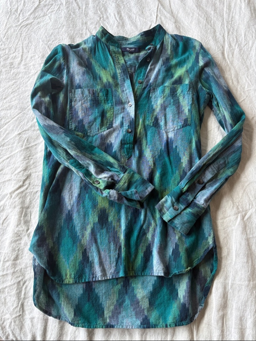Madewell Teal Green Blue Patterned Button-Up Shirt